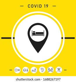 Map pointer icon with hostel or hotel sign.