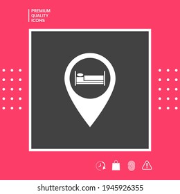 Map pointer icon with hostel or hotel sign. Signs and symbols for your design