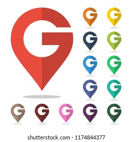 map pointer icon with initial combination of letter G