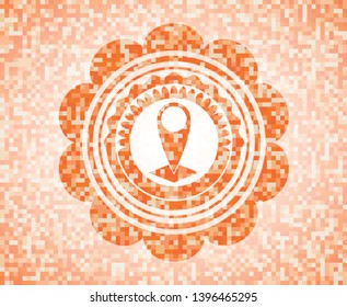 map pointer icon inside abstract emblem, orange mosaic background