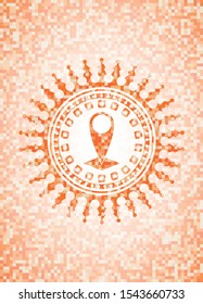 map pointer icon inside abstract orange mosaic emblem with background