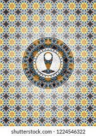 map pointer icon inside arabesque badge background. arabic decoration.