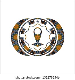map pointer icon inside arabesque emblem background. arabic decoration.