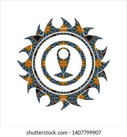 map pointer icon inside arabesque style badge. arabic decoration.
