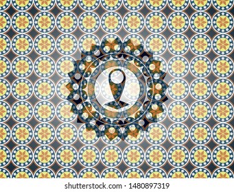 map pointer icon inside arabesque style badge. arabic decoration.