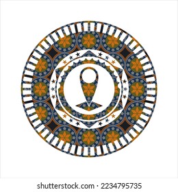 map pointer icon inside arabesque style badge. arabic decoration. 