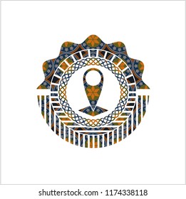 map pointer icon inside arabic emblem background. Arabesque decoration.