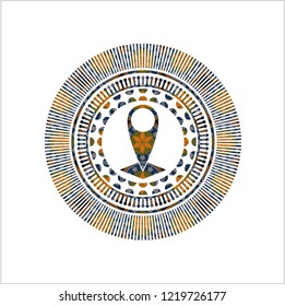 map pointer icon inside arabic style badge. Arabesque decoration.