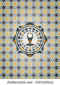 map pointer icon inside arabic badge background. Arabesque decoration.