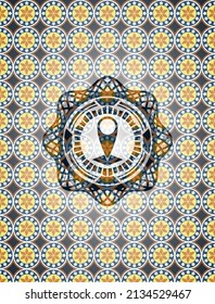 map pointer icon inside arabic badge. Arabesque decoration. 