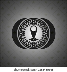 map pointer icon inside black emblem. Vintage.