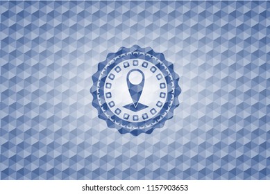 map pointer icon inside blue hexagon badge.