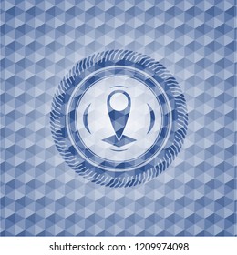 map pointer icon inside blue hexagon badge.