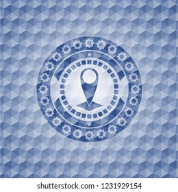 map pointer icon inside blue emblem or badge with abstract geometric polygonal pattern background.