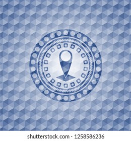 map pointer icon inside blue emblem or badge with geometric pattern background.