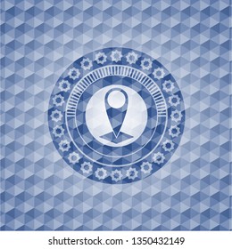 map pointer icon inside blue badge with geometric pattern background.