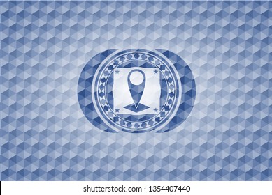 map pointer icon inside blue badge with geometric pattern.