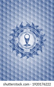 map pointer icon inside blue emblem with geometric pattern background. 