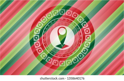 map pointer icon inside christmas style emblem.