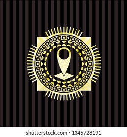 map pointer icon inside gold emblem or badge