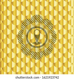 map pointer icon inside gold badge. Scales pattern. Vector Illustration. Detailed.