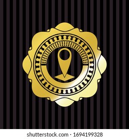 map pointer icon inside golden emblem or badge