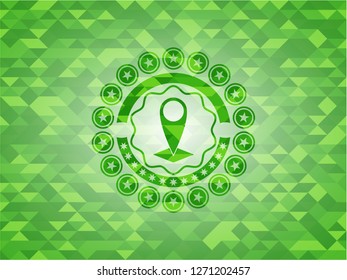 map pointer icon inside green emblem. Mosaic background