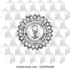 map pointer icon inside grey badge with geometric cube white background