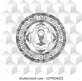 map pointer icon inside grey icon or emblem with geometric cube white background