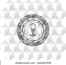map pointer icon inside grey emblem with cube white background