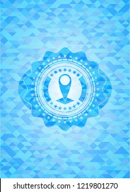 map pointer icon inside light blue emblem with triangle mosaic background