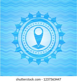 map pointer icon inside light blue water wave emblem background.