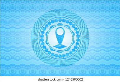 map pointer icon inside light blue water emblem.