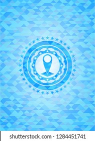 map pointer icon inside light blue emblem. Mosaic background