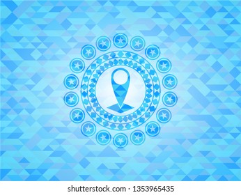 map pointer icon inside light blue mosaic emblem