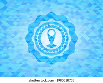 map pointer icon inside light blue emblem with mosaic ecological style background. 