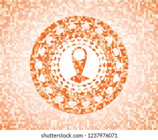 map pointer icon inside orange tile background illustration. Square geometric mosaic seamless pattern with emblem inside.