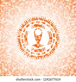 map pointer icon inside orange mosaic emblem