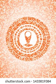 map pointer icon inside orange tile background illustration. Square geometric mosaic seamless pattern with emblem inside.