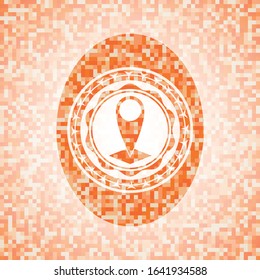 map pointer icon inside orange mosaic emblem with background