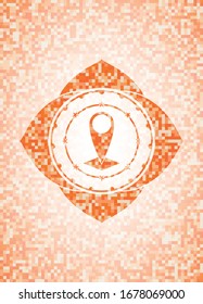 map pointer icon inside orange tile background illustration. Square geometric mosaic seamless pattern with emblem inside.
