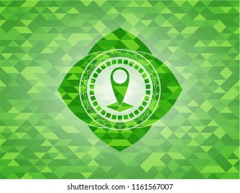 map pointer icon inside realistic green emblem. Mosaic background