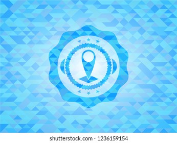 map pointer icon inside realistic light blue emblem. Mosaic background