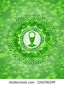 map pointer icon inside realistic green emblem. Mosaic background