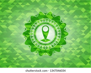 map pointer icon inside realistic green emblem. Mosaic background