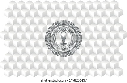 map pointer icon inside realistic grey emblem with cube white background