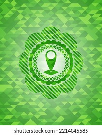 map pointer icon inside realistic green emblem. Mosaic background. 