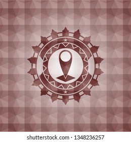 map pointer icon inside red emblem or badge with geometric pattern background. Seamless.