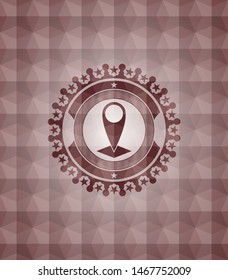 map pointer icon inside red seamless emblem with geometric background.