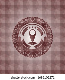 map pointer icon inside red polygonal badge. Seamless.
